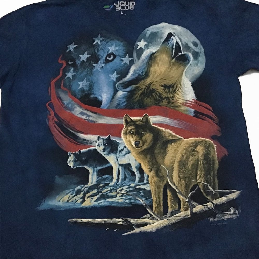 Liquid Blue Mens L Patriotic Wolf Shirt Tie Dye